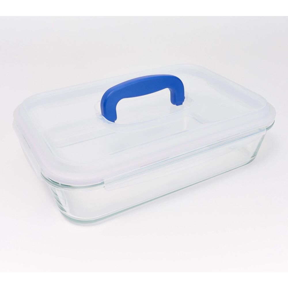 LocknLock 9x13 Glass Baking Dish w/ Domed Handle Lid Clear Blue Handle New